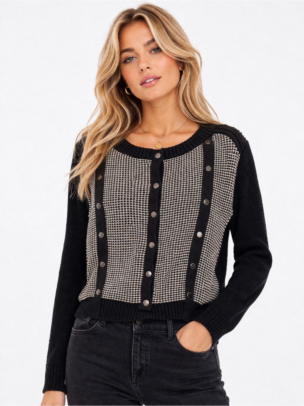 Fox Racing Women's Size Small Black and Cream Snap-Front Knit‎ Cardigan